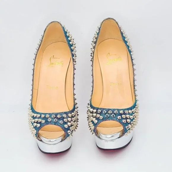 CHRISTIAN LOUBOUTIN Pumps Lady Peep Spike 150 Heels 36 Turquoise Violet Silver - Picture 4 of 10